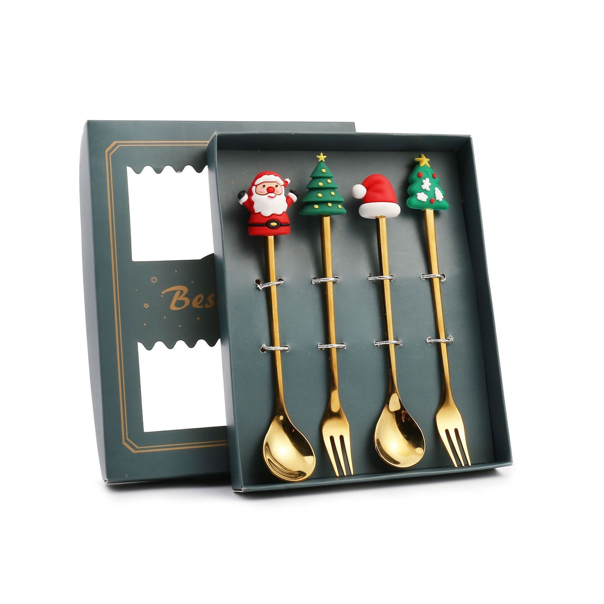 Window Style 4-piece Christmas spoon set in green gift box